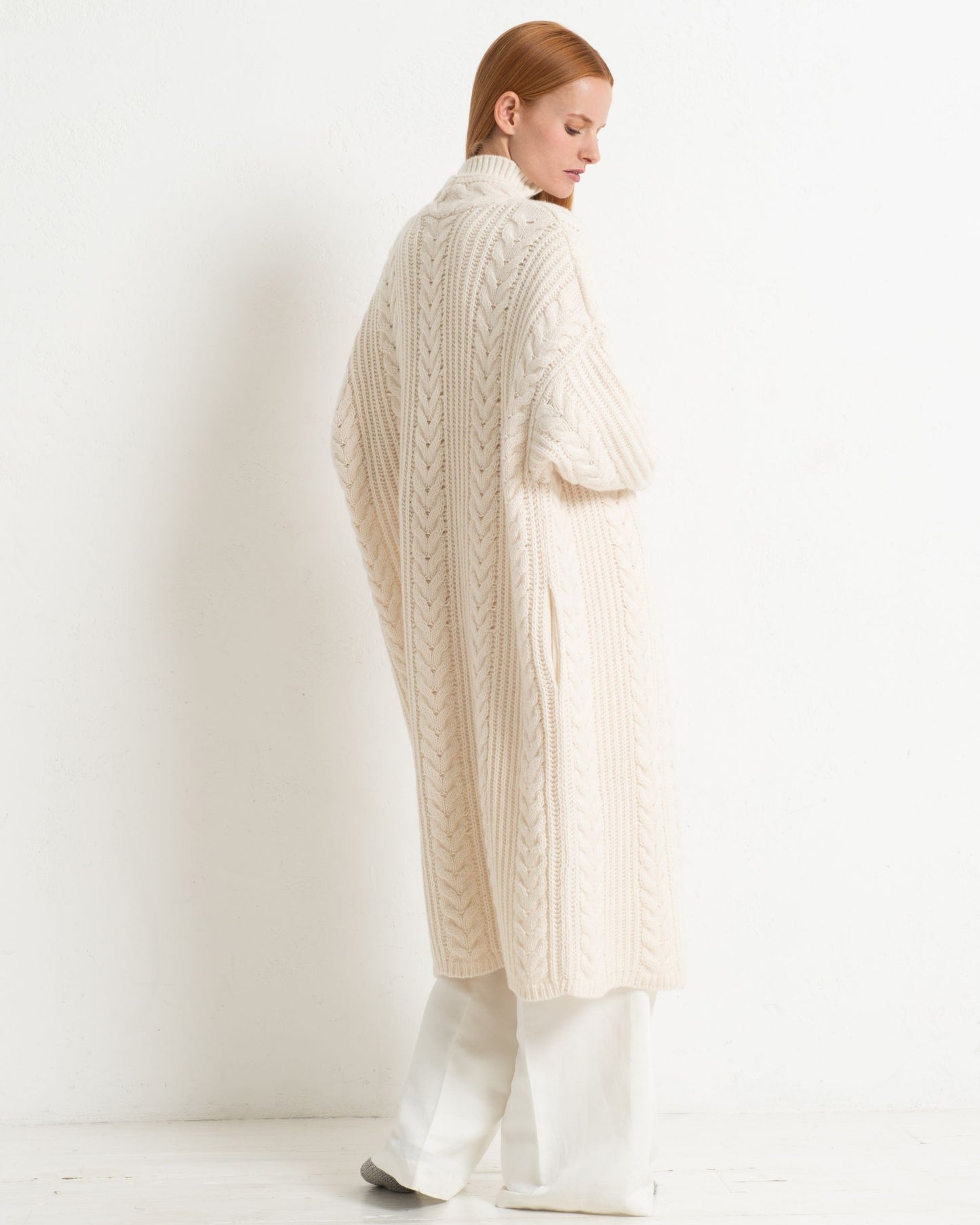 Cashmere Cable Cardigan Coat Chalk White
