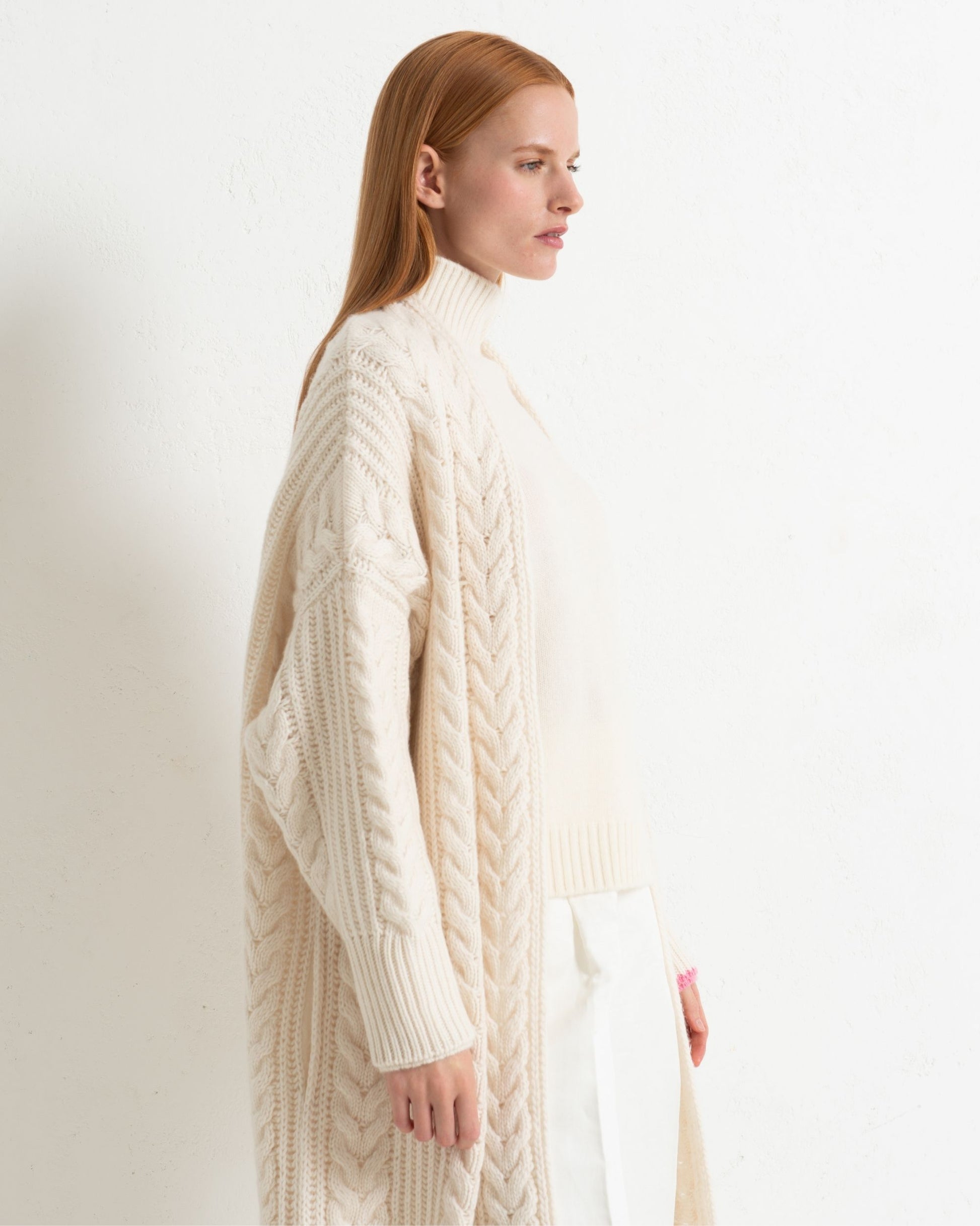 Cashmere Cable Cardigan Coat Chalk White