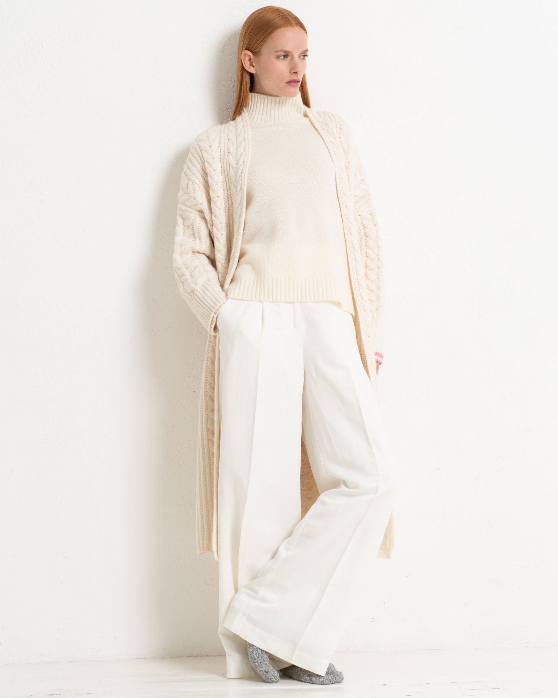 Cashmere Cable Cardigan Coat Chalk White