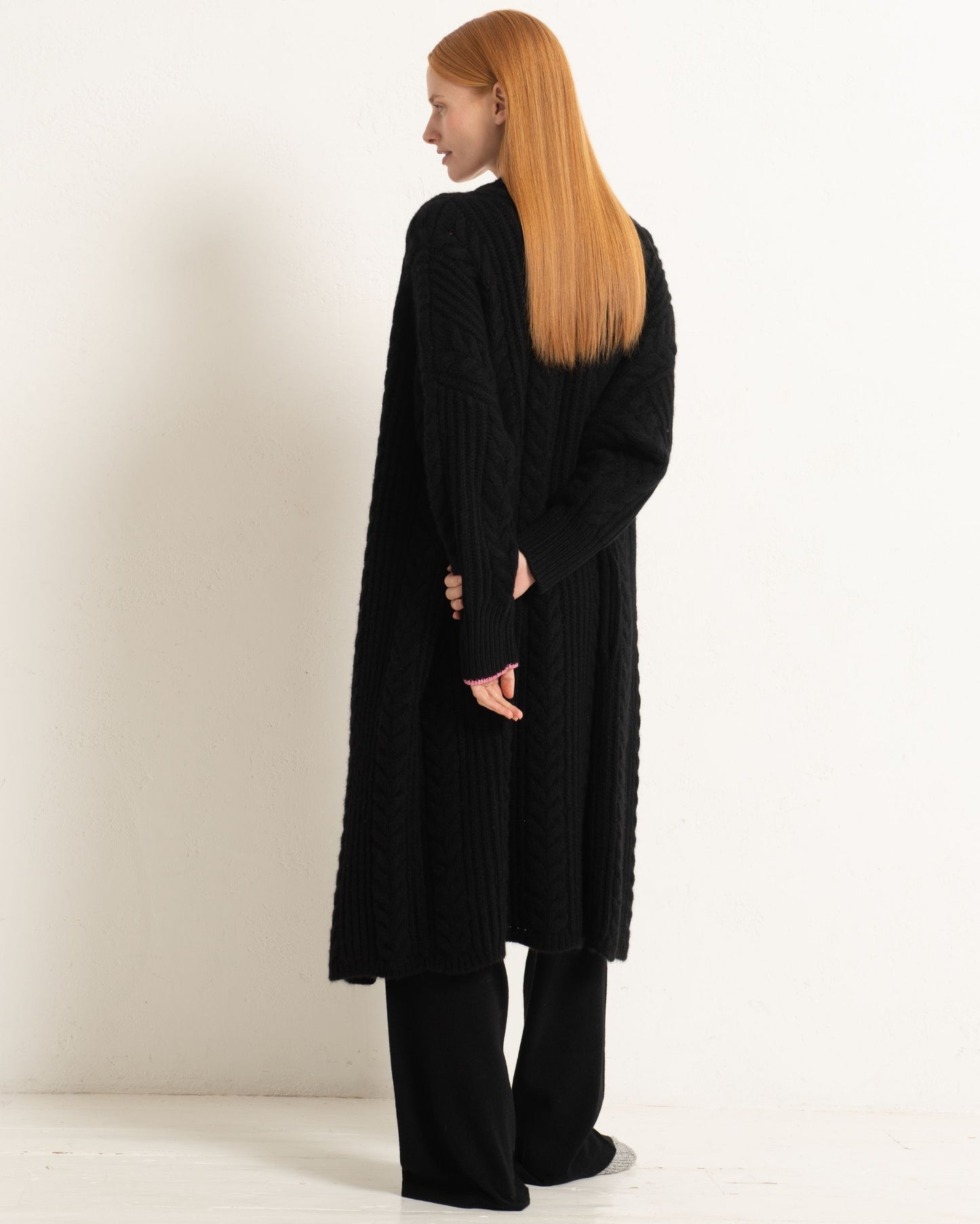 Cashmere Cable Cardigan Coat Jet Black