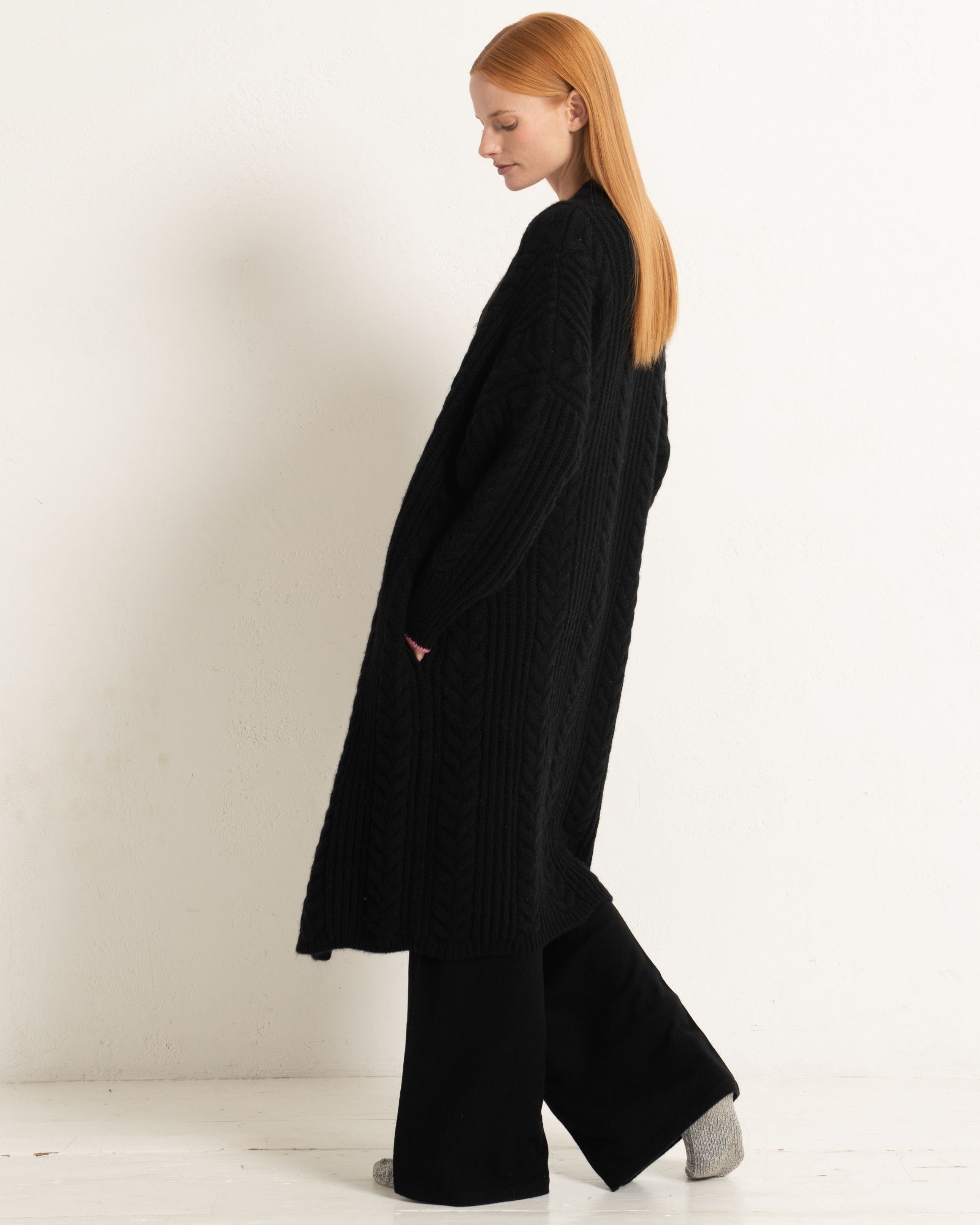 Cashmere Cable Cardigan Coat Jet Black