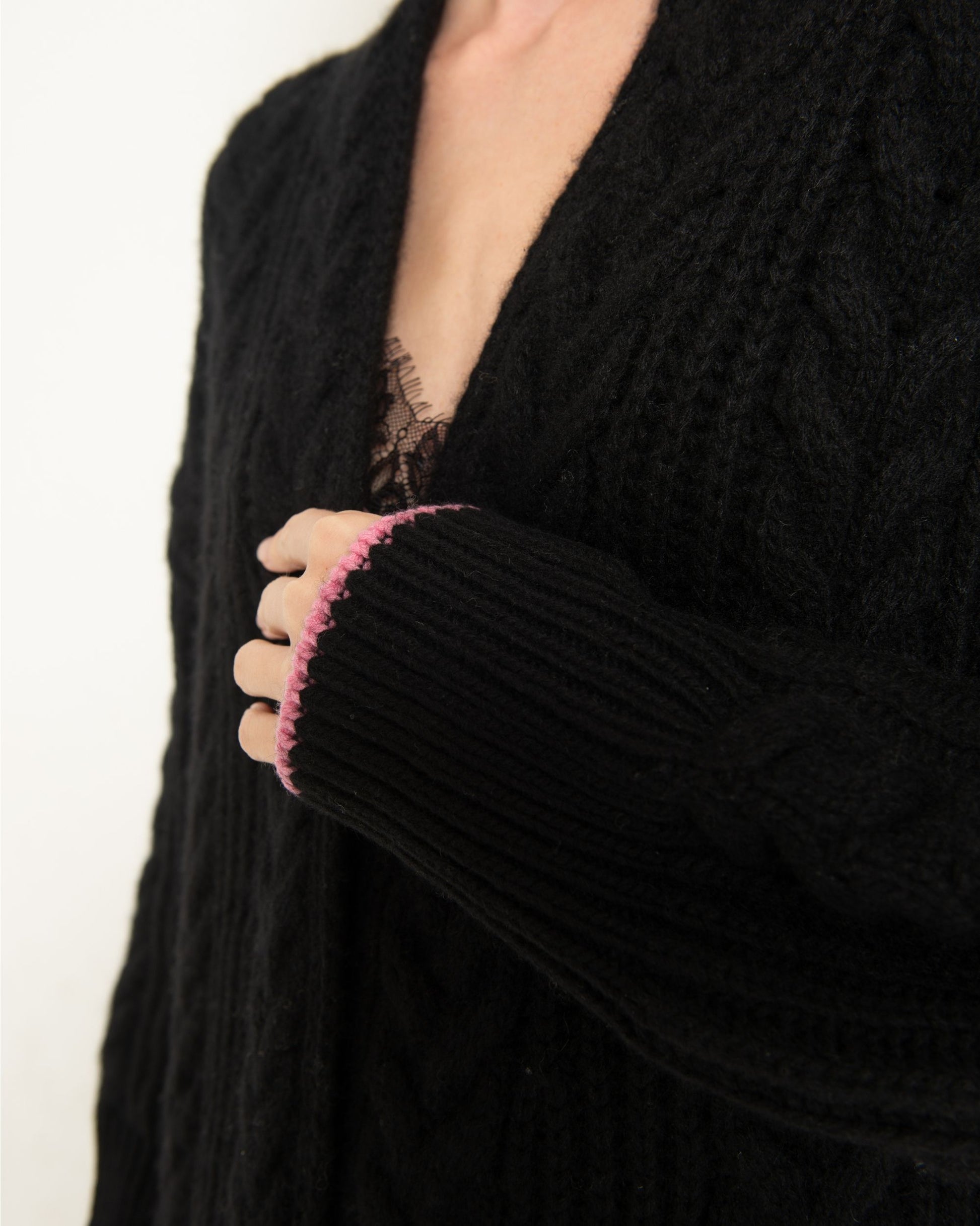 Cashmere Cable Cardigan Coat Jet Black
