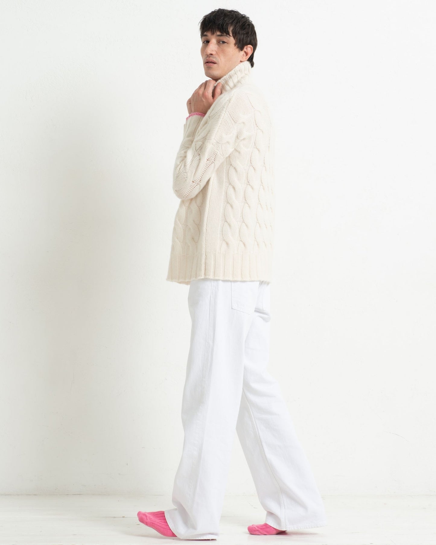 Mens Cashmere Cable Sweater Chalk White
