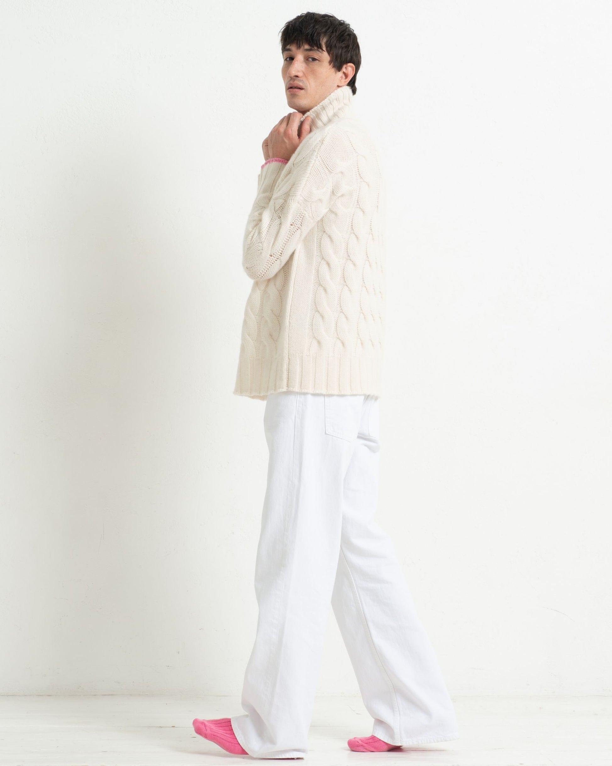 Mens Cashmere Cable Sweater Chalk White