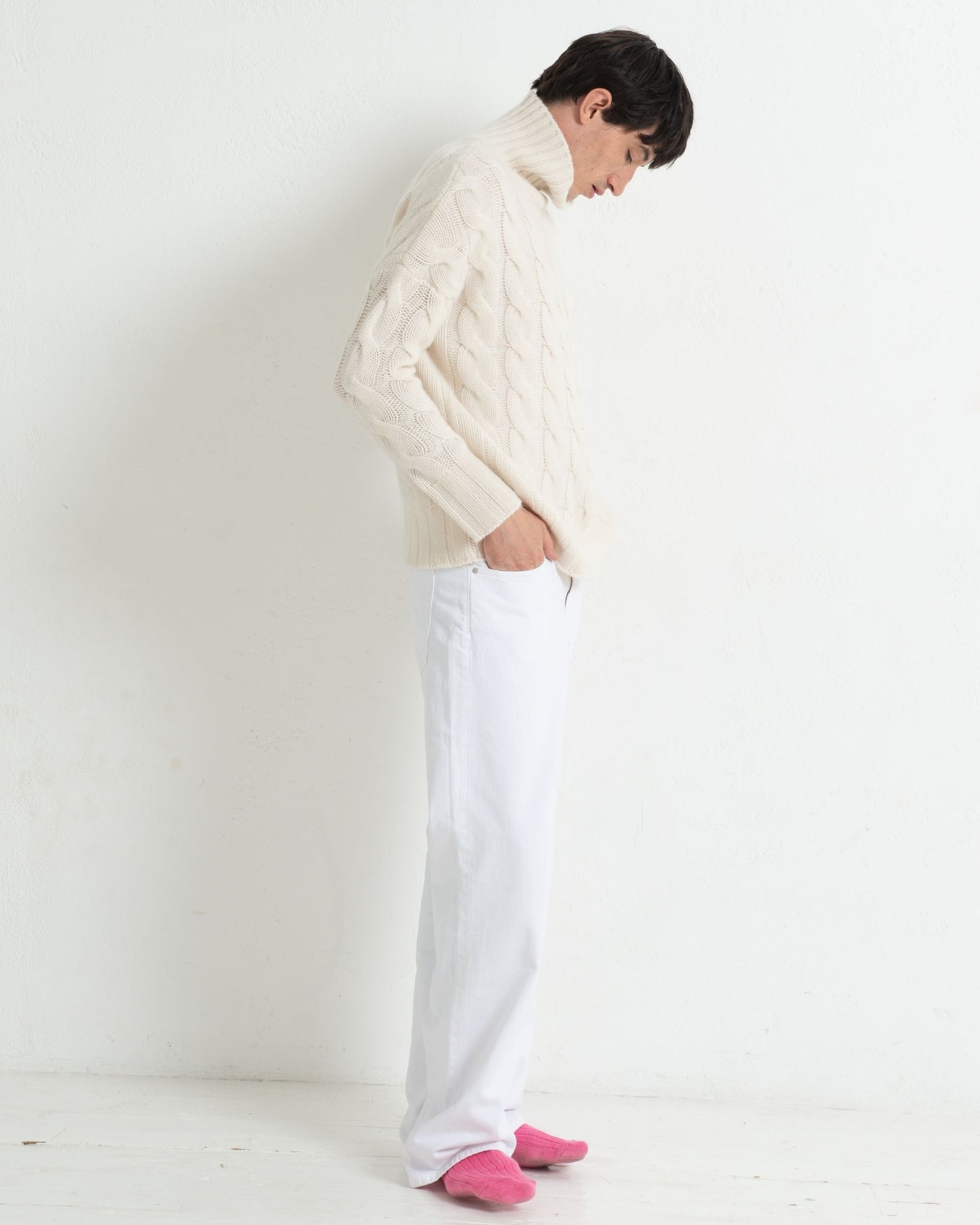 Mens Cashmere Cable Sweater Chalk White