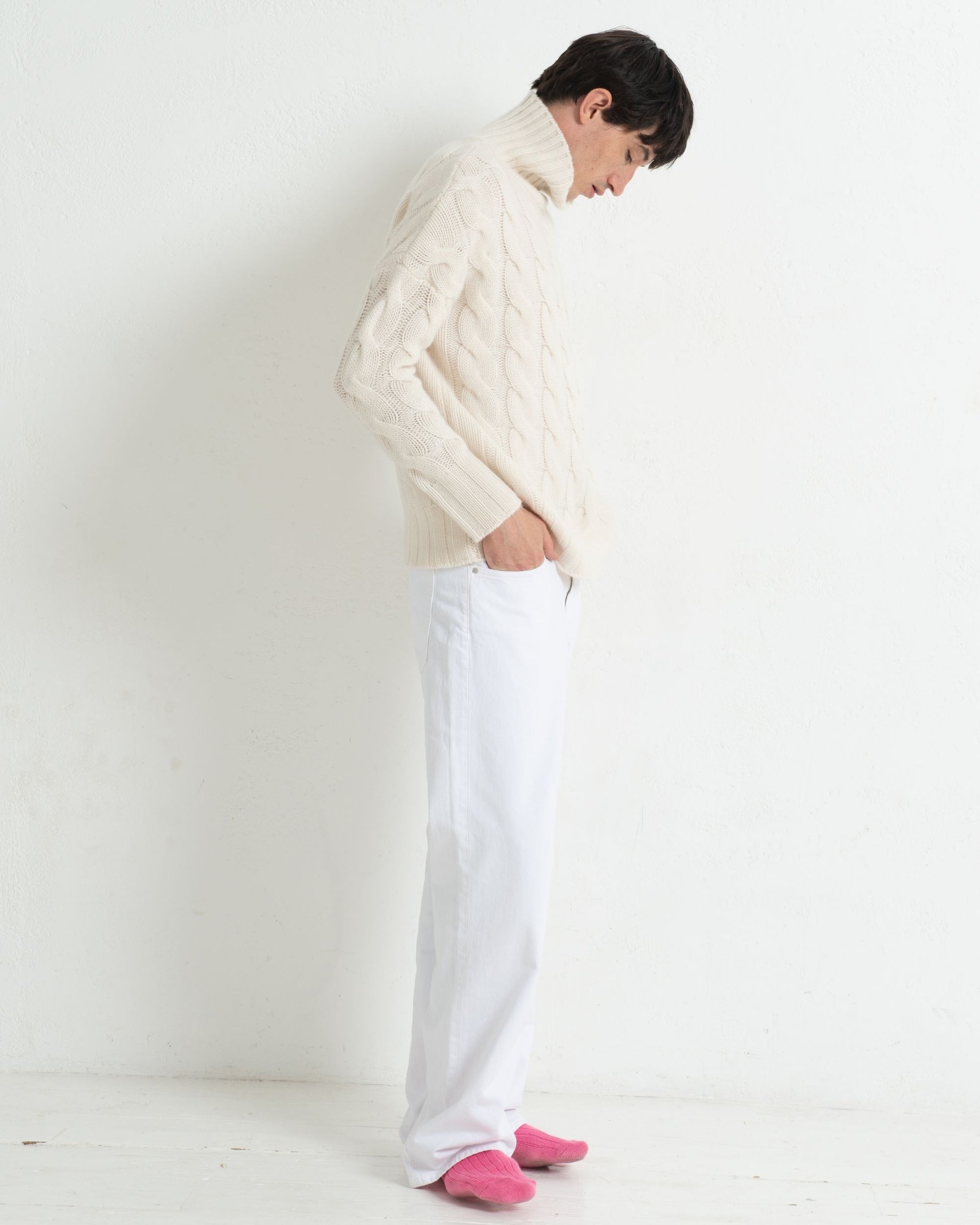 Mens Cashmere Cable Sweater Chalk White
