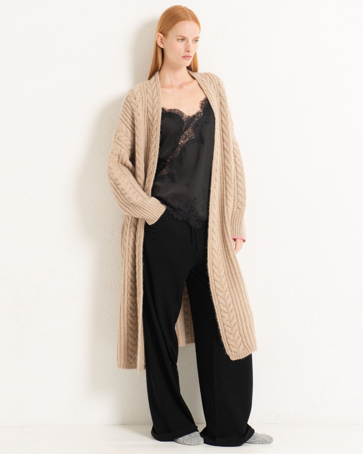 Cashmere Cable Cardigan Coat Sand
