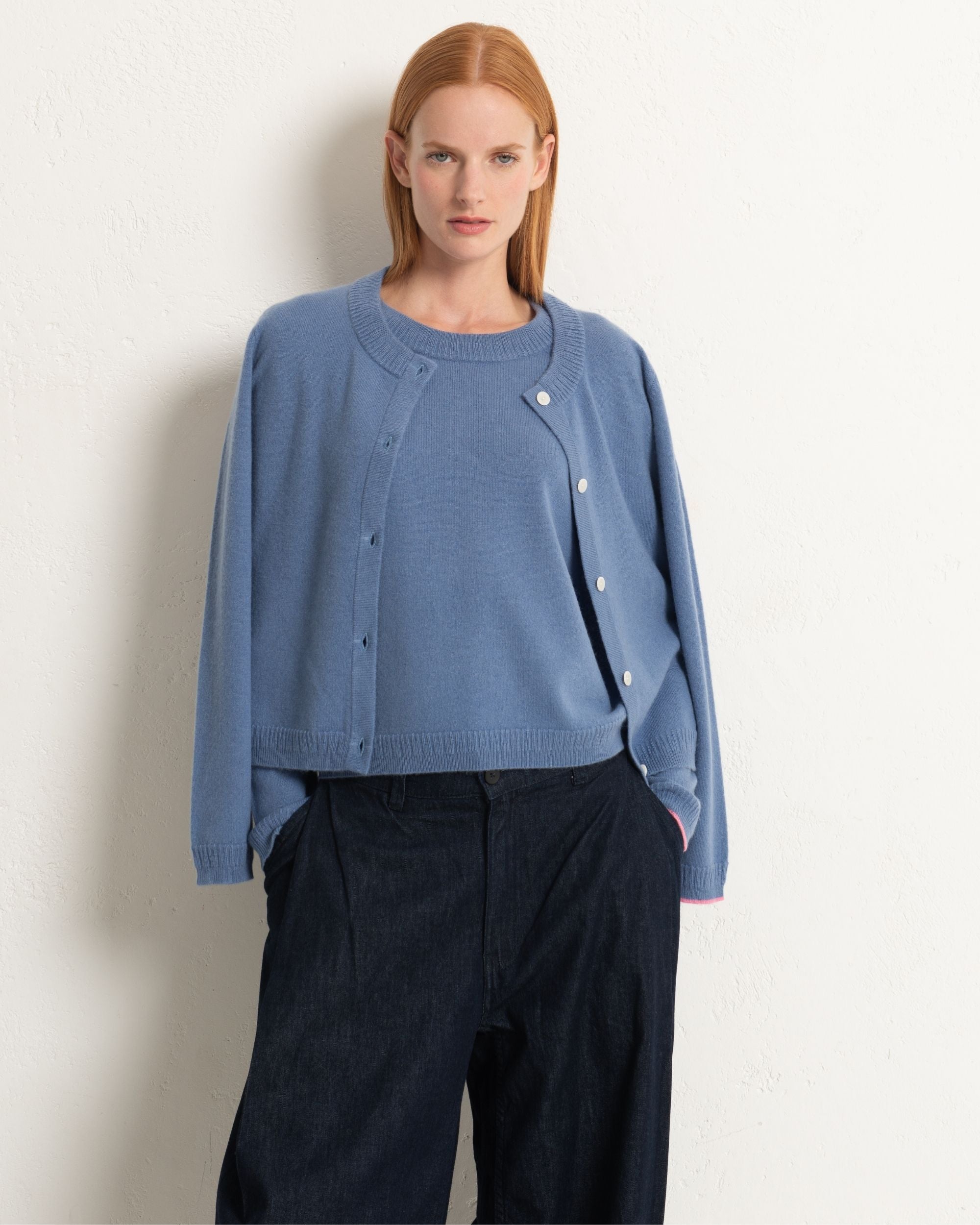 Cornflower Blue Cashmere Classic Crew Cardigan | Baker Miller Pink