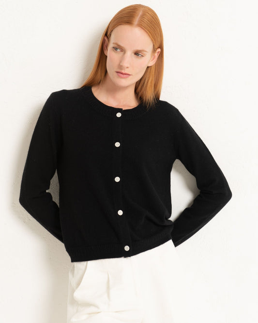 Cashmere Classic Crew Cardigan Jet Black