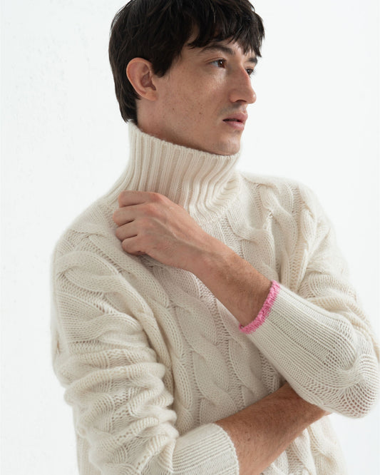 Mens Cashmere Cable Sweater Chalk White