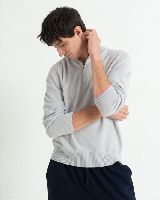 Mens Cashmere 1/4 Zip Sweater Silver Grey