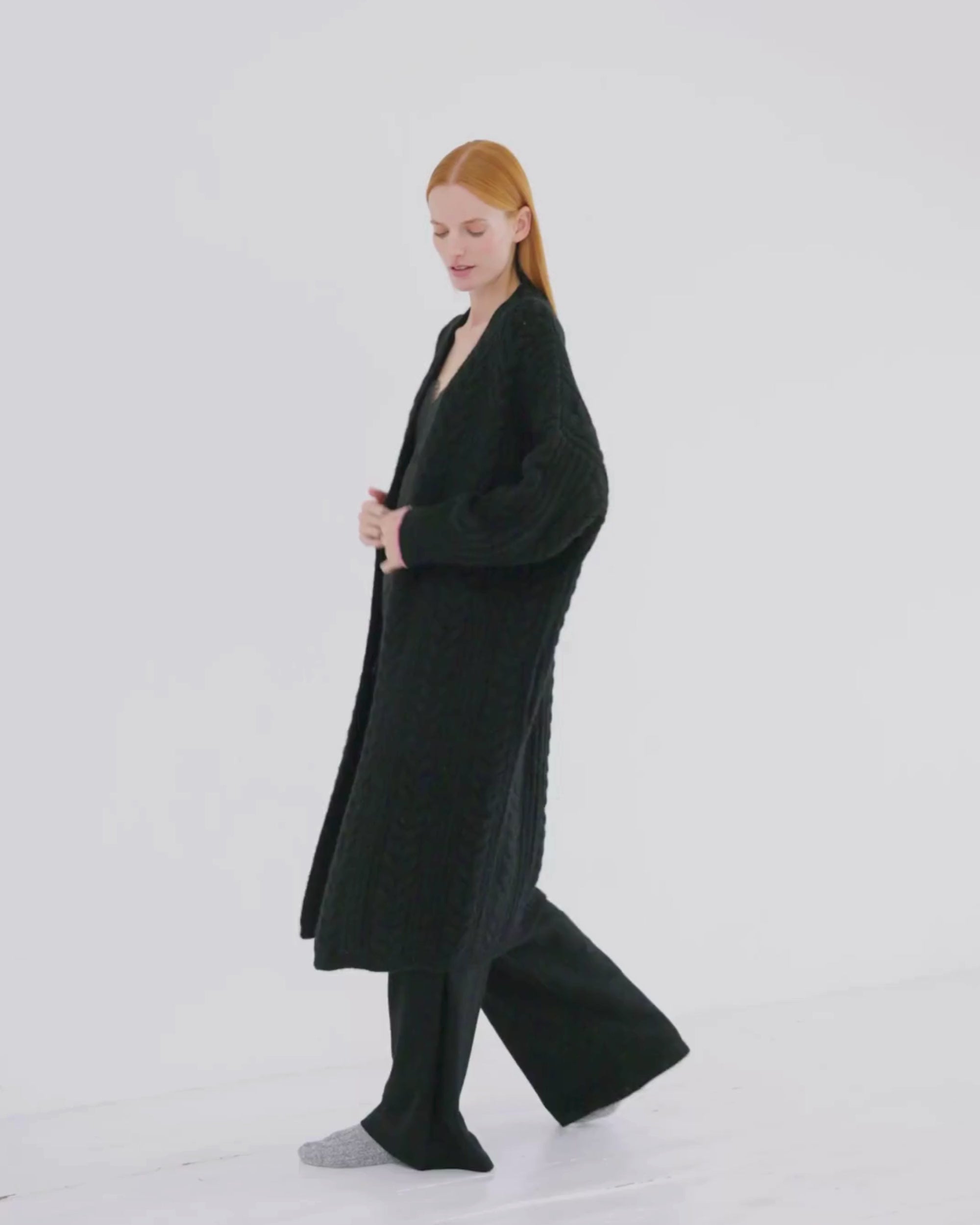 Cashmere Cable Cardigan Coat Jet Black