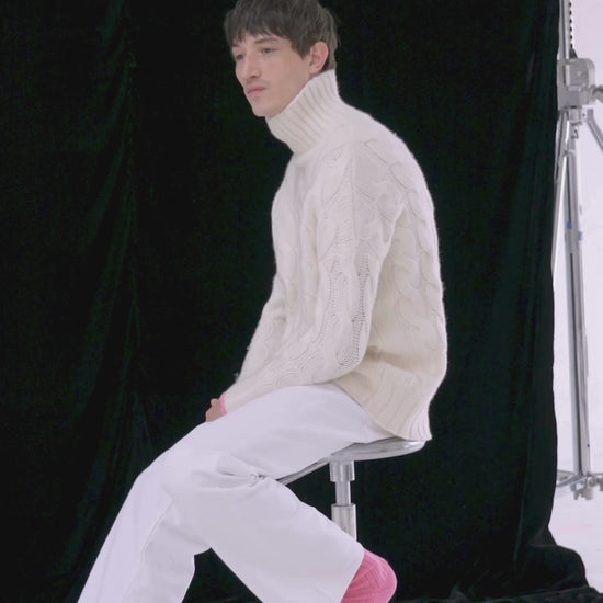 Mens Cashmere Cable Sweater Chalk White