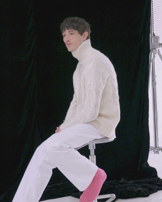 Mens Cashmere Cable Sweater Chalk White