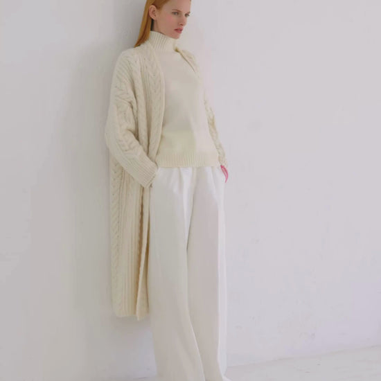 Cashmere Cable Cardigan Coat Chalk White