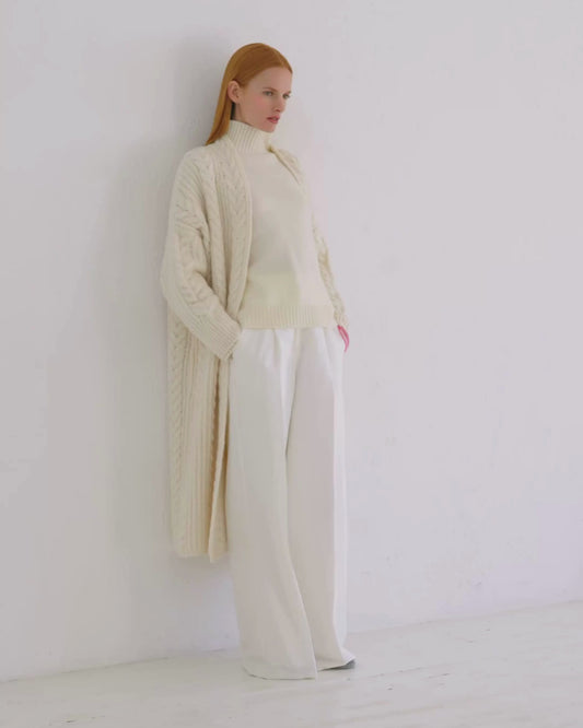 Cashmere Cable Cardigan Coat Chalk White