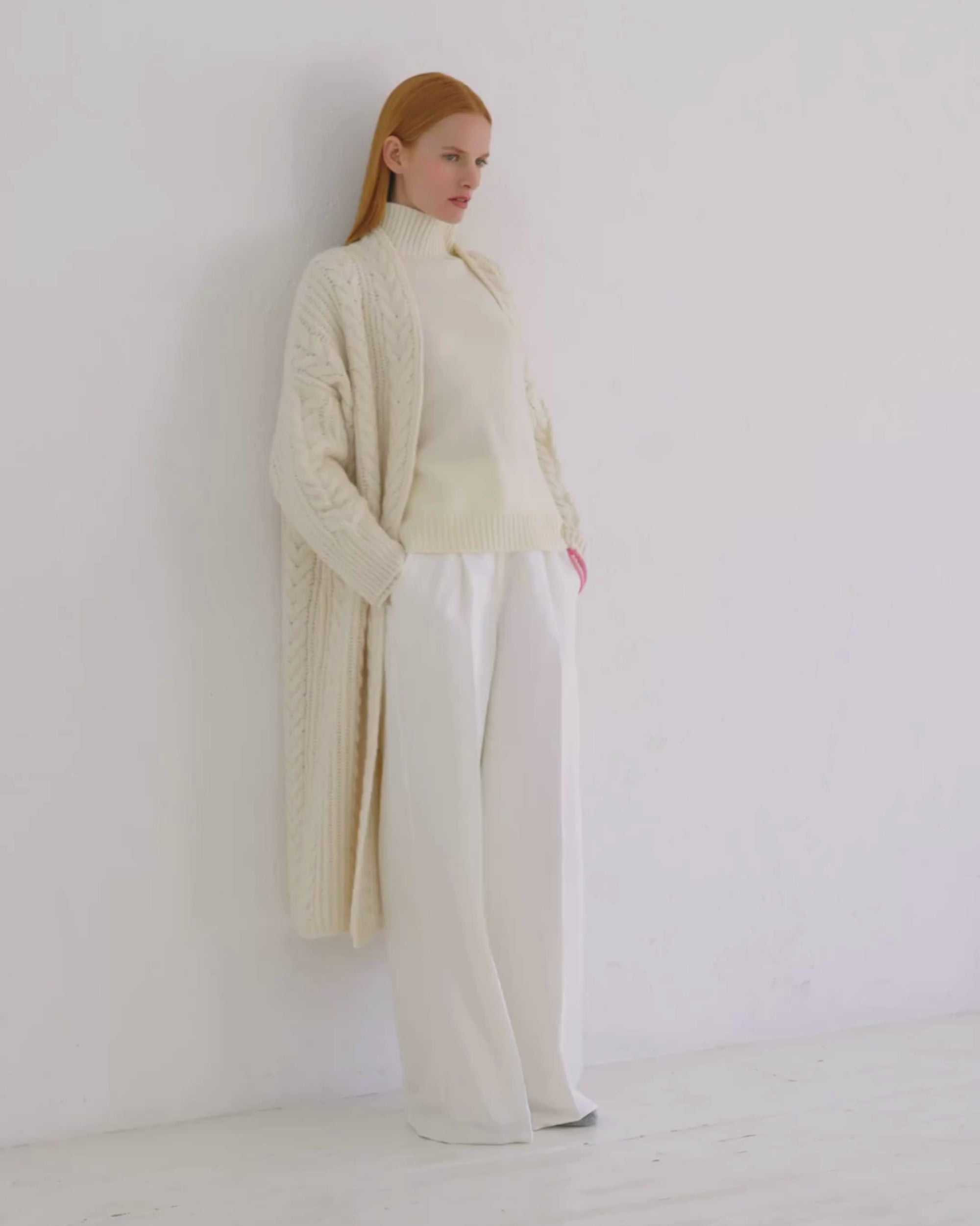Cashmere Cable Cardigan Coat Chalk White
